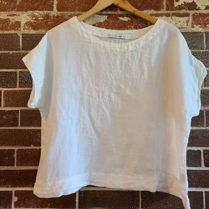 Vintage 90s white linen box top t-shirt, slightly cropped - M/L/XL
